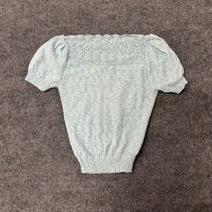 Teasers Knit Top Womens Size S Blue Short Sleeve Crochet Lace Yoke Puff Sleeve